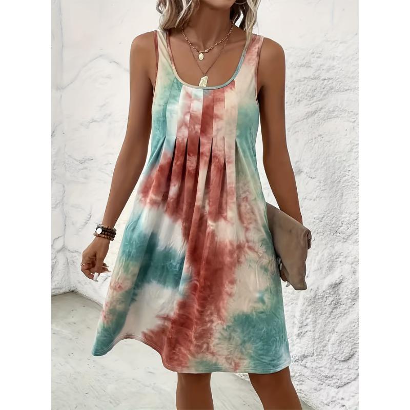 Sukienka Damska Plus Size z Nadrukiem Tie Dye, Okrągłym Dekoltem i Plisami, Casualowa, Bez Rękawów, Luźna