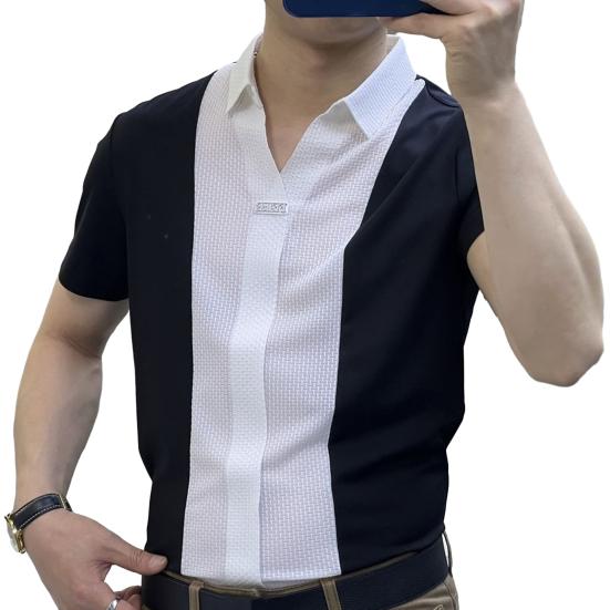 Pánská letní košile s odkládacím límcem, slim fit, formální, obchodní styl, barevně sladěné, krátké rukávy, prodyšná, měkká, ležérní, kancelářský, společenský, pánský top