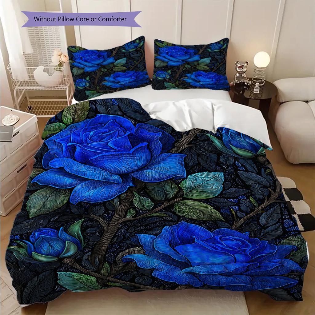 Blue Rose Pattern Bedding Quilt Set Quilt Cover Pillowcase Home Decoration Birthday Gift (1 * Duvet Cover + 2 * Pillowcase, Without Core)
