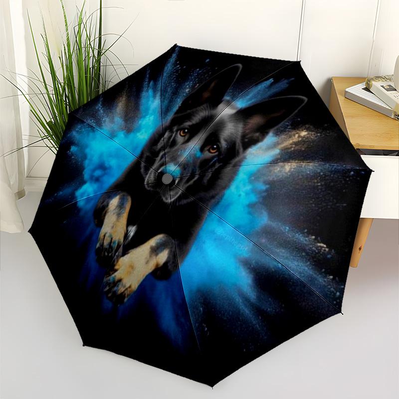 Cute Fluffy Puppy Print Folding Umbrella, Blue Starry Sky Design Compact Sun/Rain Umbrella