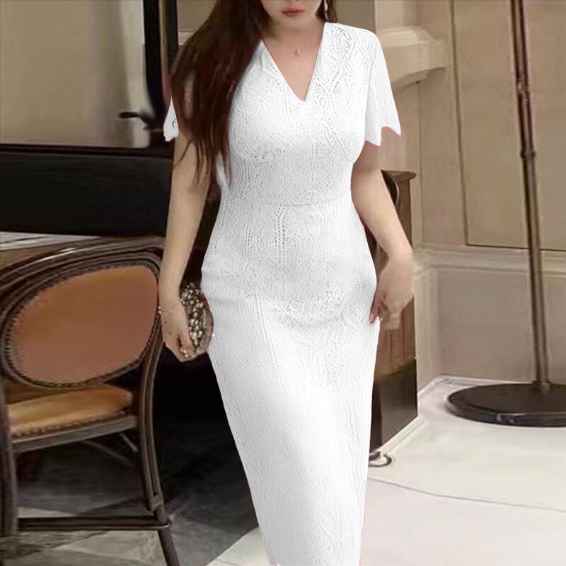 

ZANZEA Женское Повседневное Элегантное Платье с V-образным Вырезом, Короткими Рукавами, Кружевной Отделкой и Облегающим Силуэтом 5XL белый