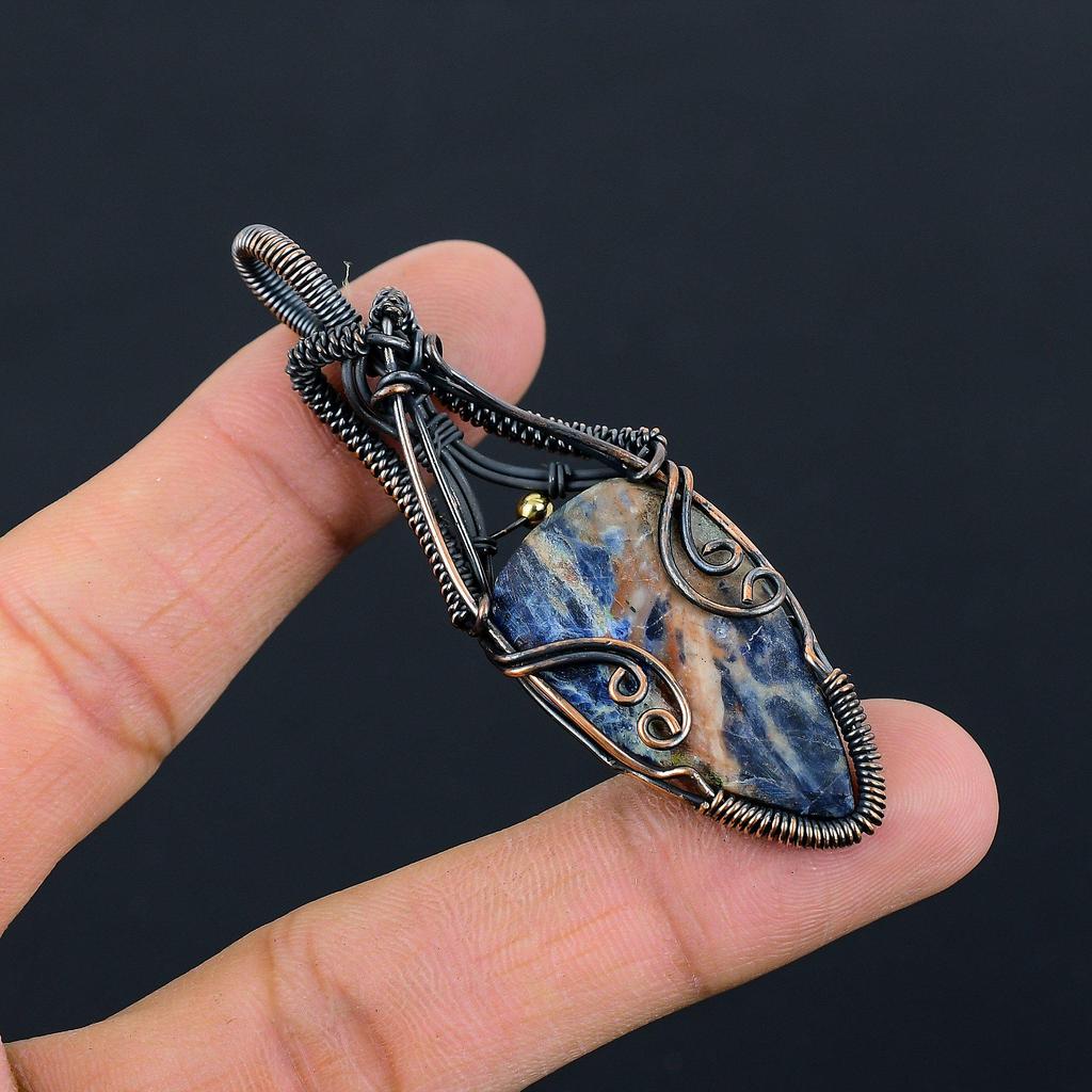 Orange Sodalite Gemstone Pure Copper Wire Wrapped Handmade Pendant Jewelry For Her