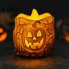 Luz de Abóbora em Relevo Oca Halloween Vela LED, Velinha Eletrônica Sem Chama, Lanterna de Resina Embossada, Decoração de Mesa Assustadora Noturna Portátil para Interior