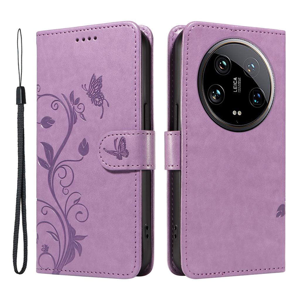 For Xiaomi 14 Ultra PU Leather Cases Flower Pattern Wallet Stand Phone Cover with Strap