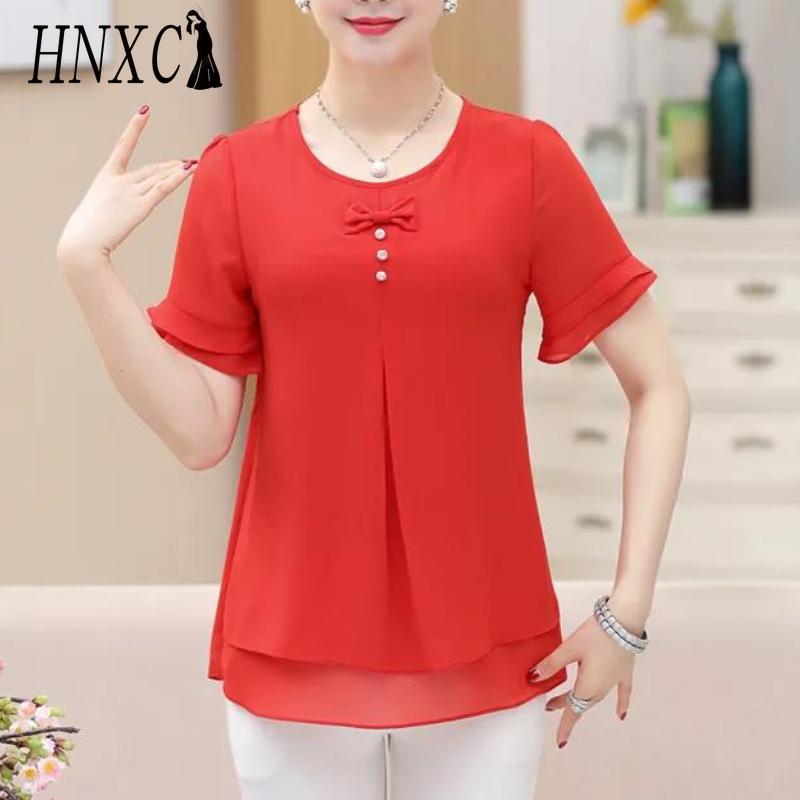 HNXC Blusas y camisas informales de manga corta con cuello en O y estampado de Color sólido a la moda para mujer