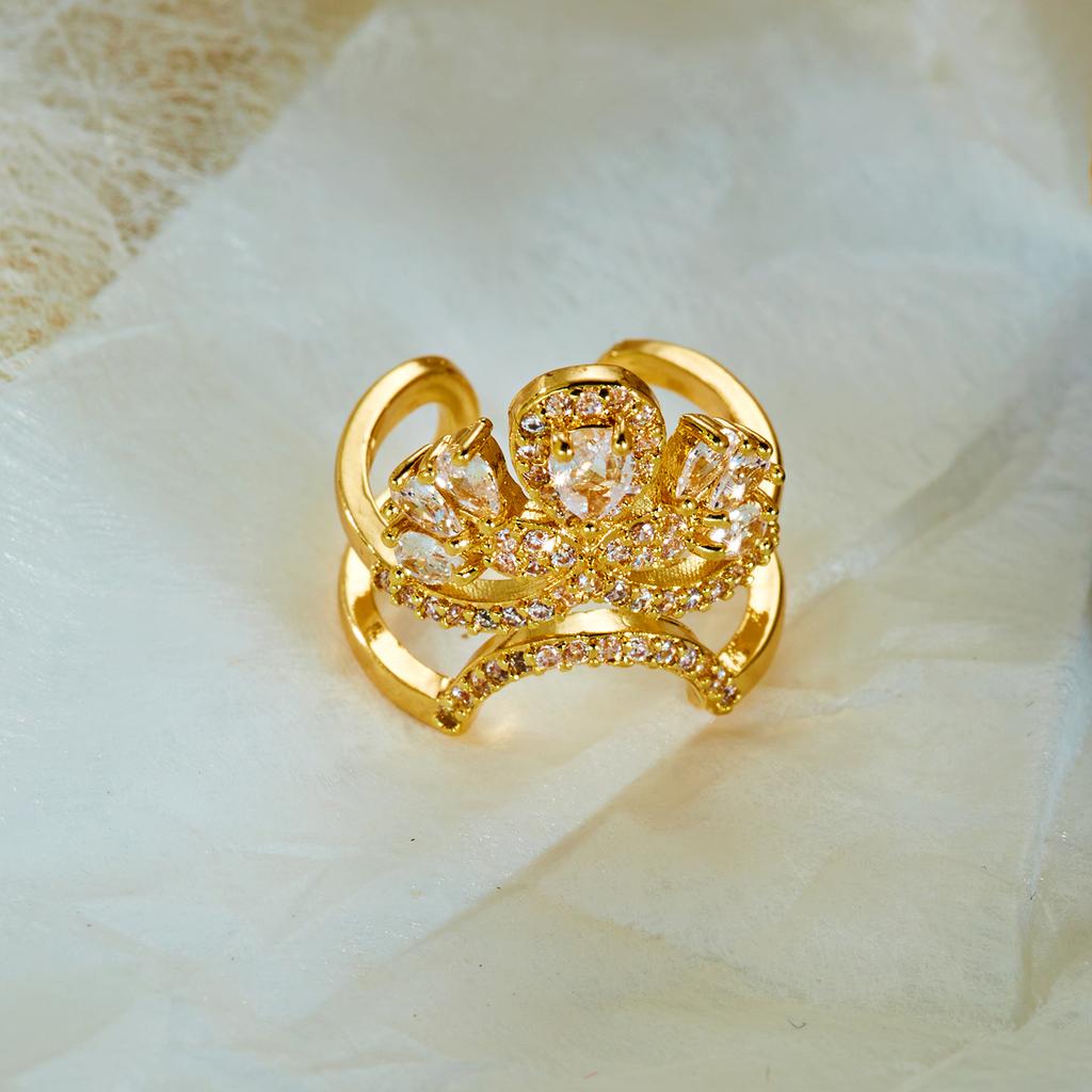 Exquisite Inlaid CZ Zircon Nail Ring for Women Creative Design Shiny Crystal Crown Flower Nail Open Ring Party Versatile Jewelry