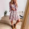 Women's Long Sleeve V-neck Buttoned Loose Floral Short Dress