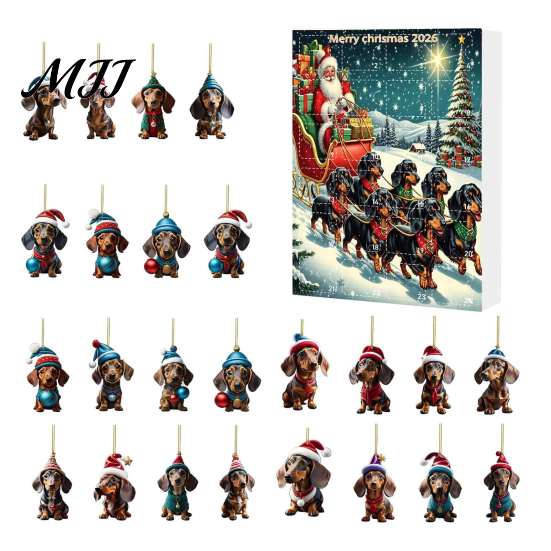 Regalo per Festa di Natale Calendari dell'Avvento Bassotto 2026, 24 Giorni Ciondolo Acrilico 2D Decorazione da Appendere all'Albero Calendario del Conto alla Rovescia, Ornamenti da Collezione Cane,