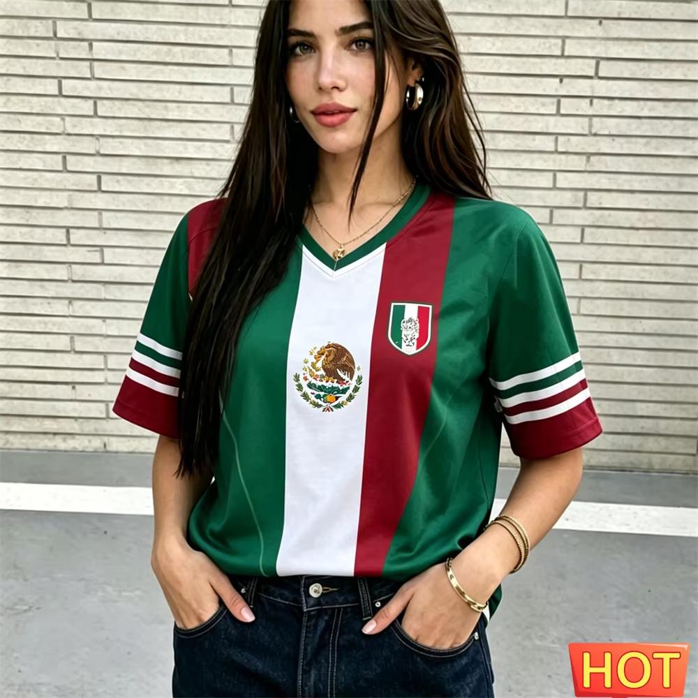 Summer Men Women's V-Neck Jersey Mexico Football Jersey Breathable Sport Girl T-Shirt Polyester Breathable Tee 2026 Jersey Tops