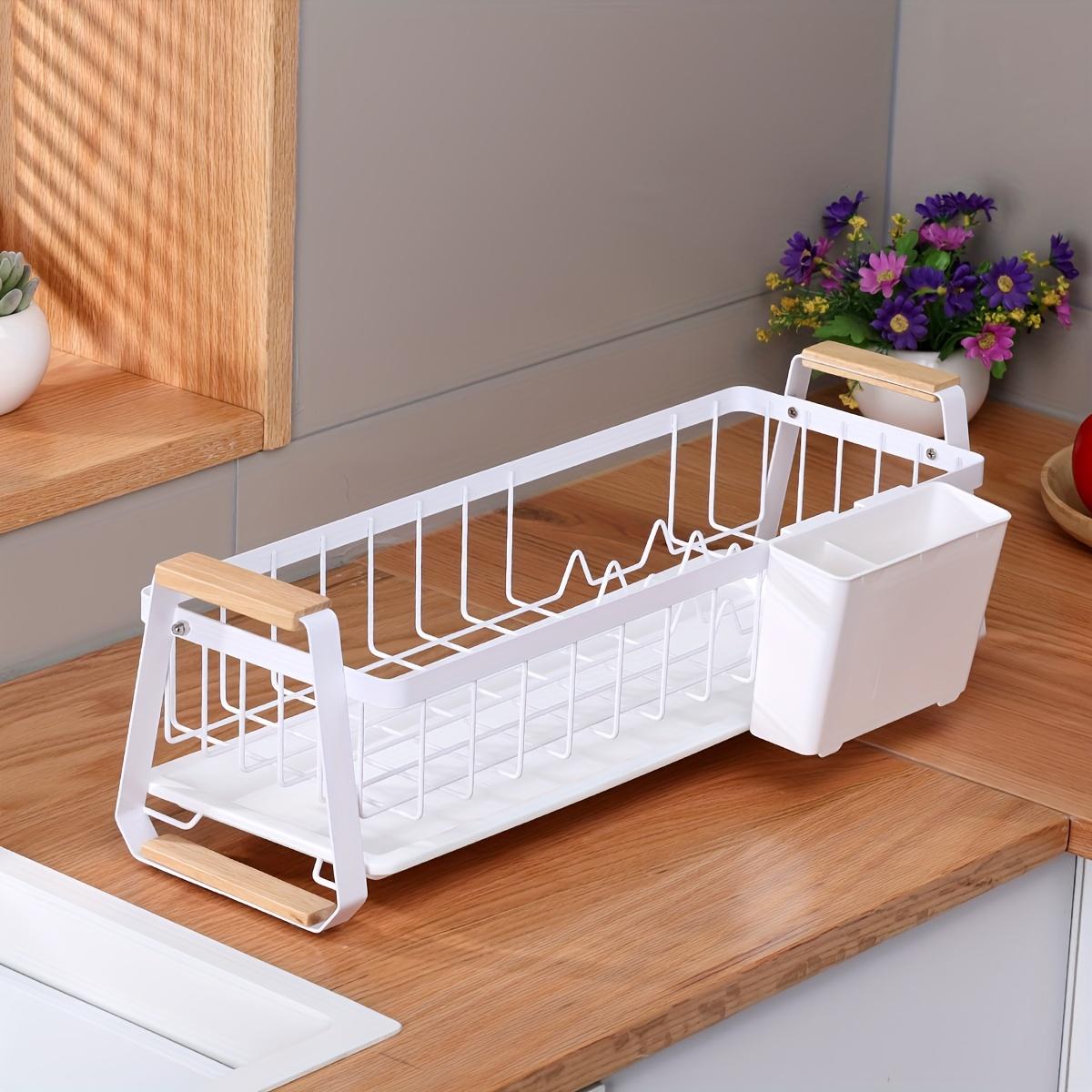 

Narrow Kitchen Countertop Dish Rack with Drip Tray & Detachable Cutlery Holder, Dish Drying Drain Rack for Kitchen Sink слоновая кость
