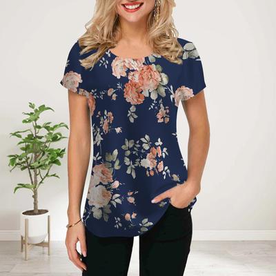 Women Summer T Shirt Pink Peony Print Short Sleeve Tees Casual Printed Tops