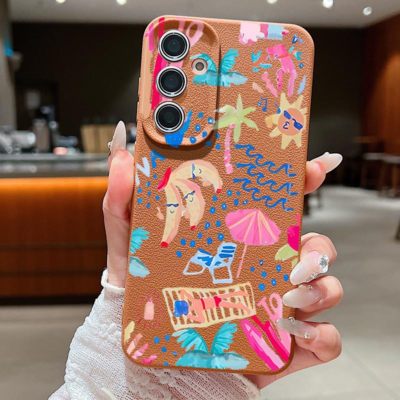 Cartoon Vacation Painting Case For Samsung Galaxy S26 Ultra S25 Edge S24 S23 S22 Plus S21 FE Leather Texture Silicone Cover