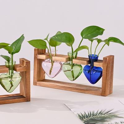 Plant Propagation Station Glass Vase with Wooden Frame Hydroponic Plant Terrarium Kit Love Bulb Vase for Indoor Plants Desktop Decor