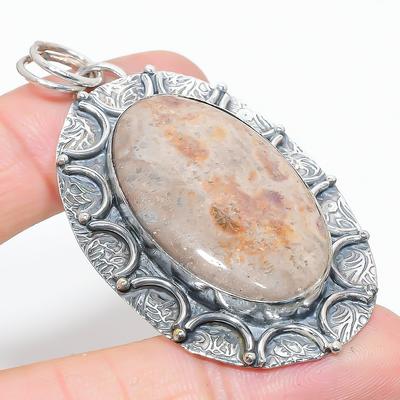 Natural Fossil Coral Gemstone Handmade 925 Sterling Silver Pendant 2.56" n9L74