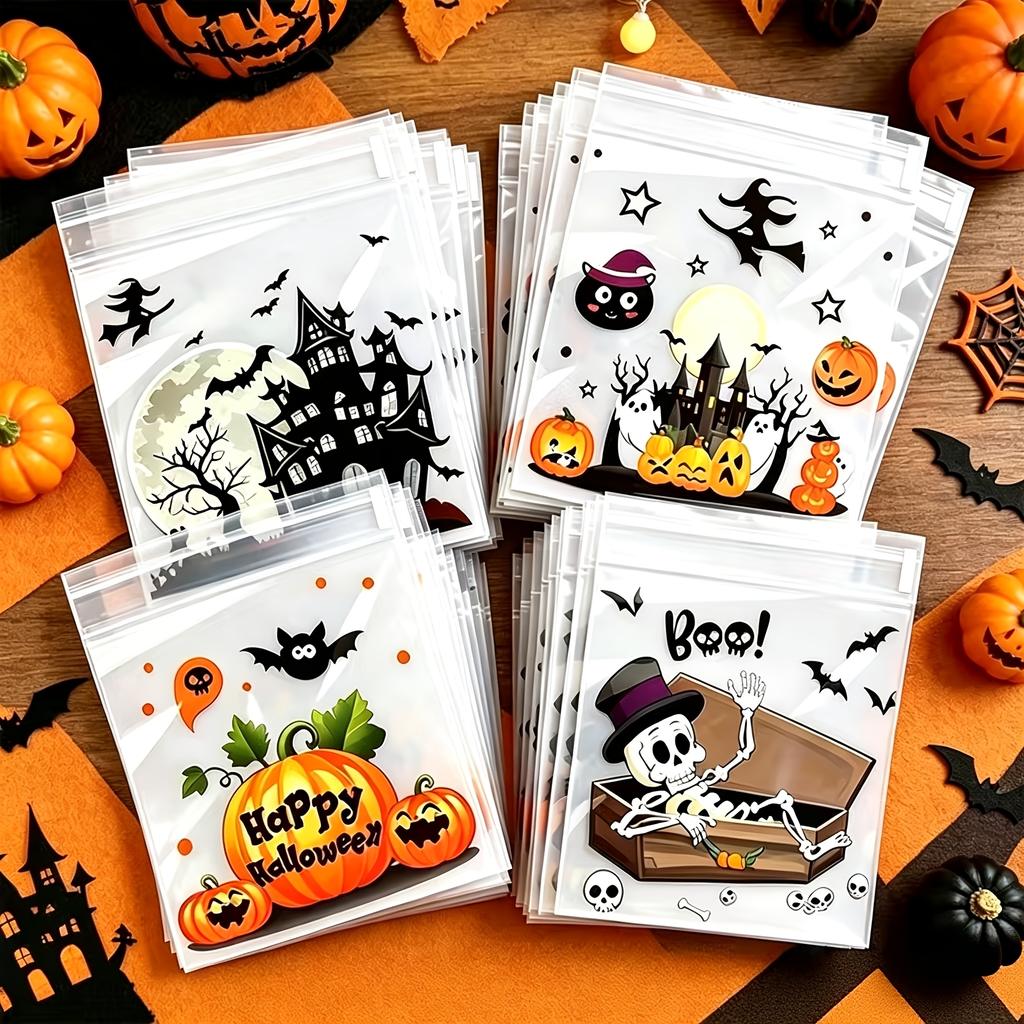 11pcs Halloween Self-Adhesive Gift Bags – Reusable Four-in-One Skull, Bat, and Pumpkin Patterns,Suitable for All Kinds of Events