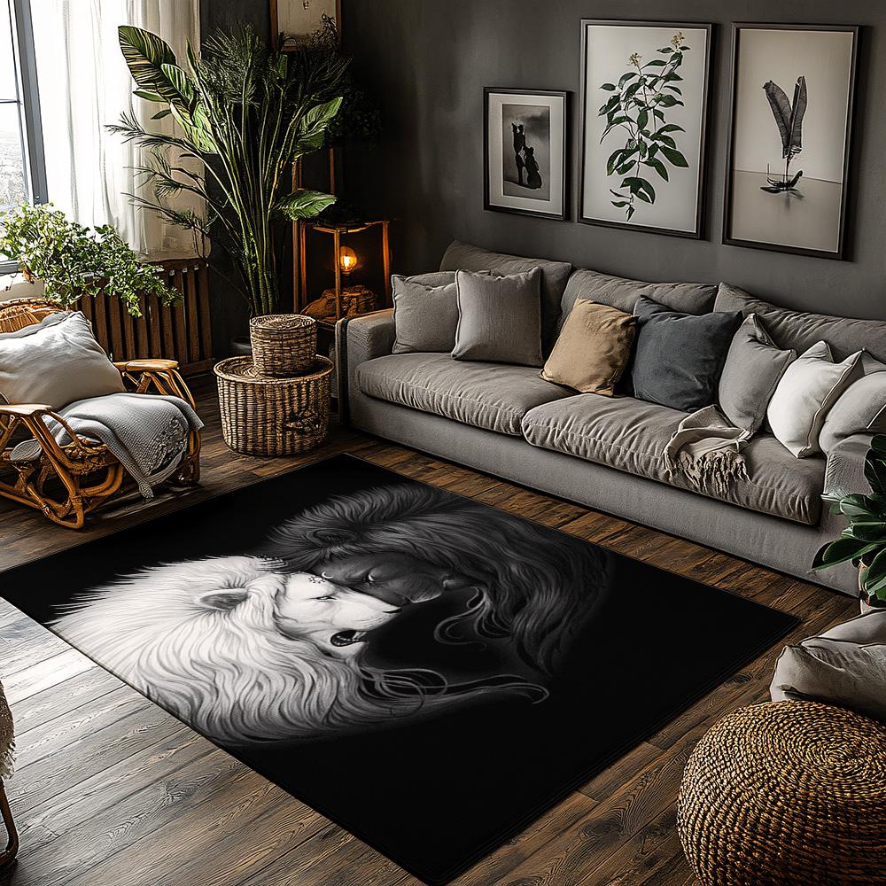

Lion Couple Print Area Rug, Black White Carpet for Living Room,Soft Non-Slip Mat with Tribal Pattern,Nature Inspired Decor 50x80cm