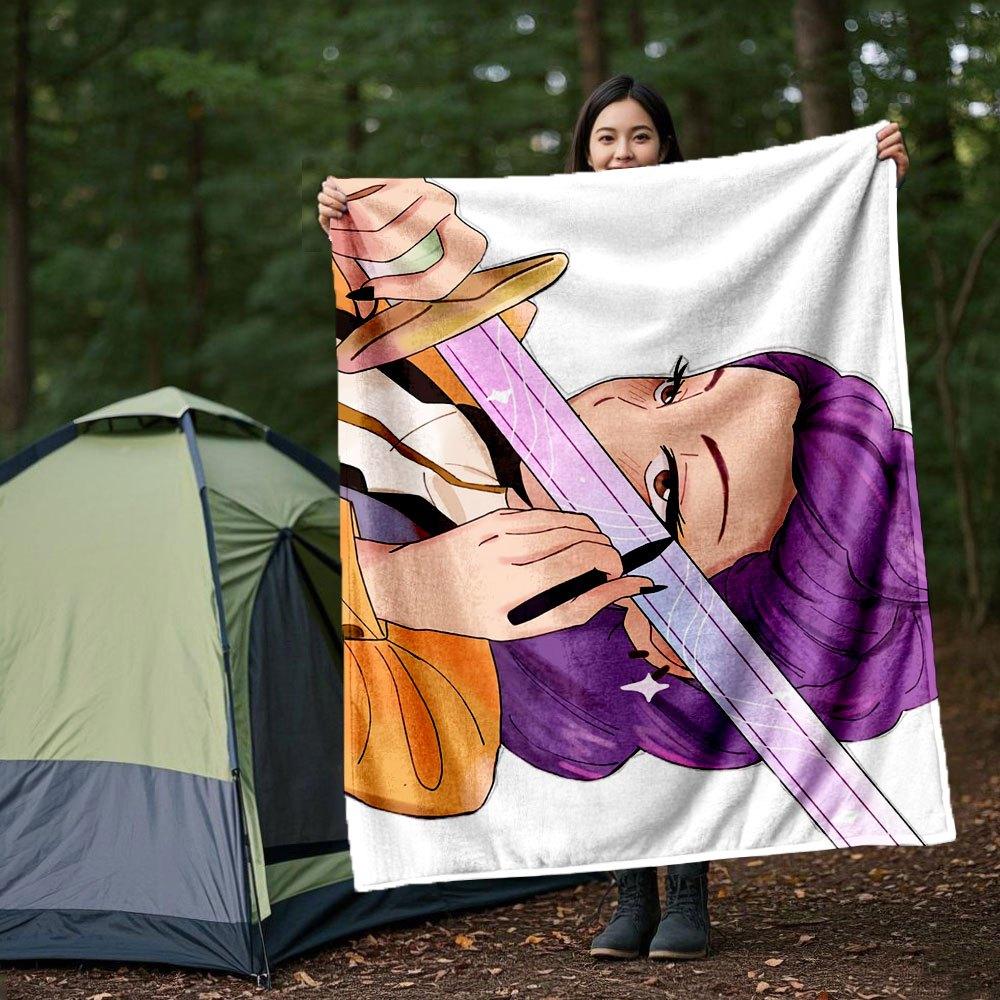 "Magical Sword Art Print: Purple Hair Warrior with Sparkling Blade"Blanket Lightweight Flannel Throw Blanket for Sofa, Bed, Travel, Camping,