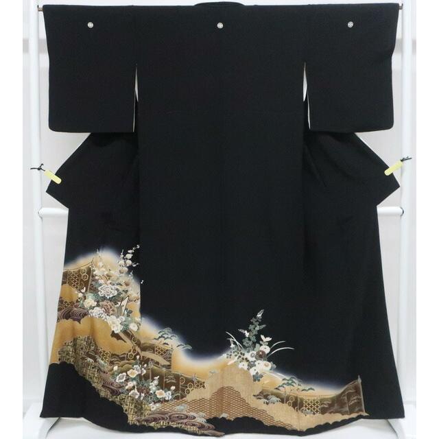 Recycled Kimono, Black Tomesode, Gold Colored Yuzen Lam, Hiyoku Tailored, Pure Silk Kimono, Length Approx. 163.5cm, Sleeve Length Approx.