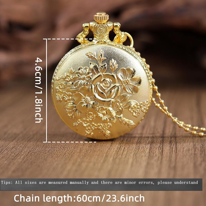 2pcs/set,1PC Fashion Men's ‘rose Pattern Design’quartz Pocket Watch & 1PC Mens Classic Golden Cross Necklace Pendant, Ideal Choice for Gifts
