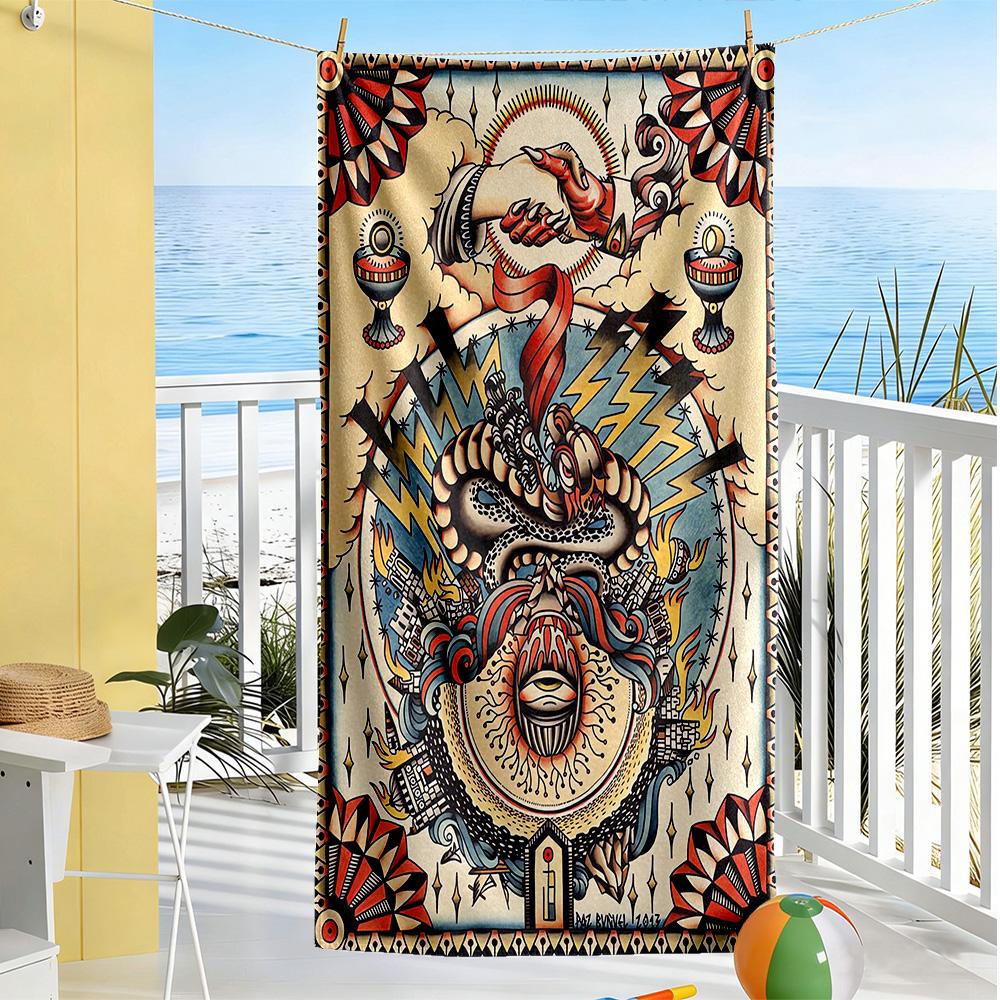 Tattoo Style Beach Towel Quick-Dry Soft Microfiber Comfortable Lightweight