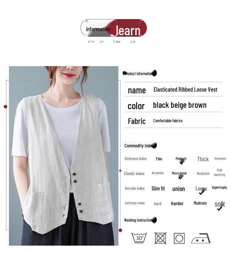 2025 Summer Women's Solid Color Sleeveless Cotton Linen V-Neck Vest