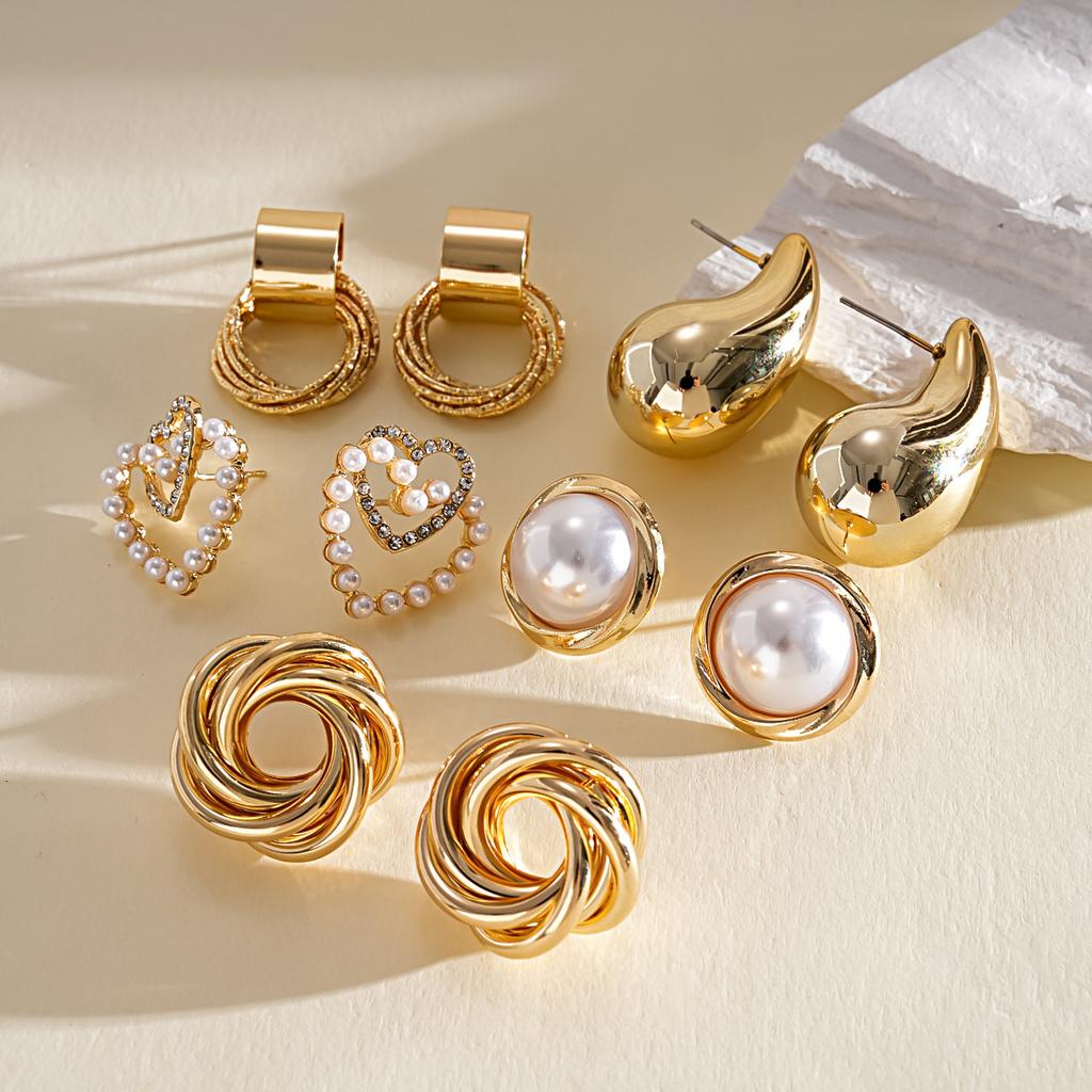 5Pairs/set Pearl Earring Set Women Metal Wrinkled Heart Water Drop Earrings Vintage Fashion for Multi Occasion Aesthetic Jewelry