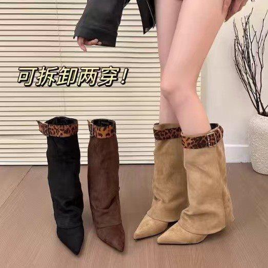 Boots Fashion Boots Suede Pants Belt Buckle Pointed Autumn and Winter Women's Boots Leopard Print Slope Heel Two Wear Boots New