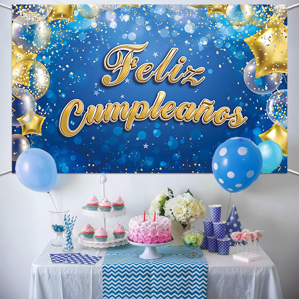 Blue Gold Feliz Cumpleaños Spanish Birthday Background Balloons Birthday Party Decoration Banner Supplies Adult Photo Shoot Prop
