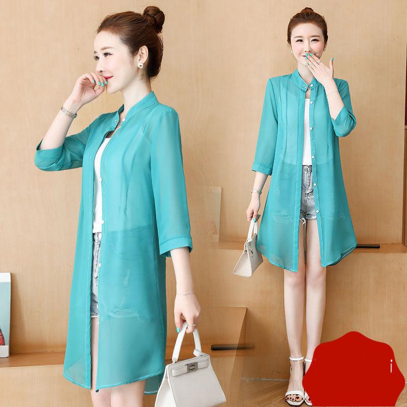 

Однотонное длинное тонкое пальто, солнцезащитная одежда, женский пляжный шифоновый кардиган средней длины, легкая и дышащая ткань M