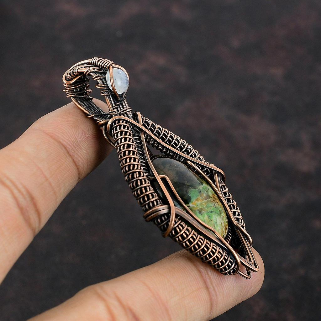 Australian Chrome Chalcedony Pendant Rainbow Moonstone Pendant Copper Wire Wrapped Pendant Gemstone Jewelry Handmade Pendant Copper Jewelry