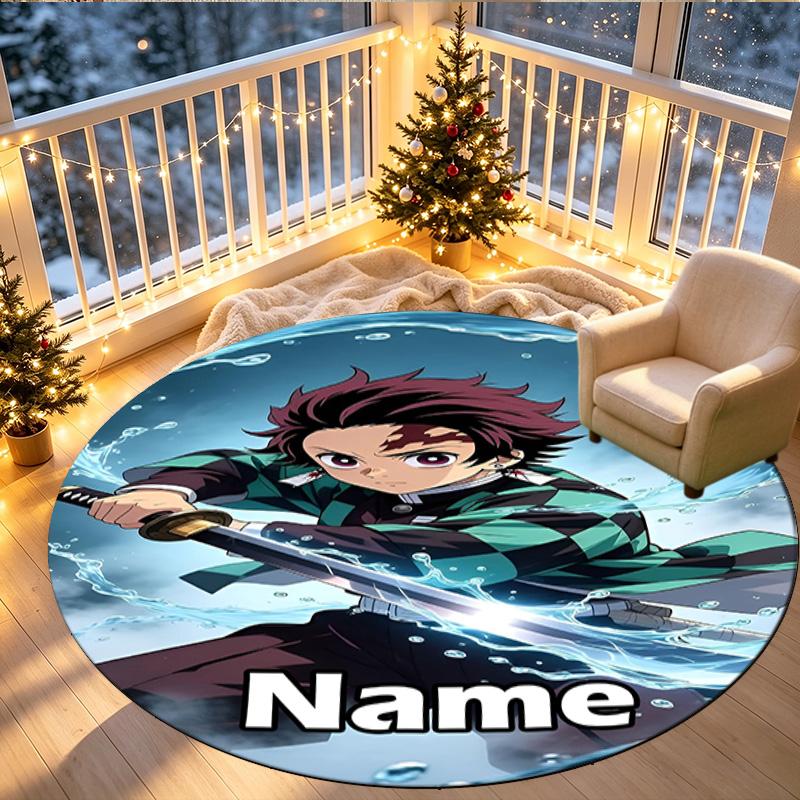 Custom Name Personalized Demon Slayer Print Round Rug, Versatile Home Decor Carpet, for Playroom, Apartment, Balcony, Entryway, Hallway Gift