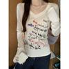 Sweet and Spicy Graffiti Letter Print V-neck Collarbone Exposed Front Shoulder Long Sleeve T-Shirt Women's Back Hollow Pure Desire Top Bottoming Shirt