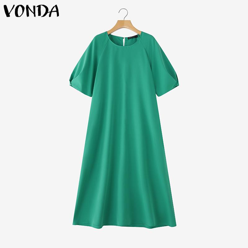 

VONDA Elegnat Women Round Neck Batwing Sleeve Baggy Pleated Casual Maxi Dress S