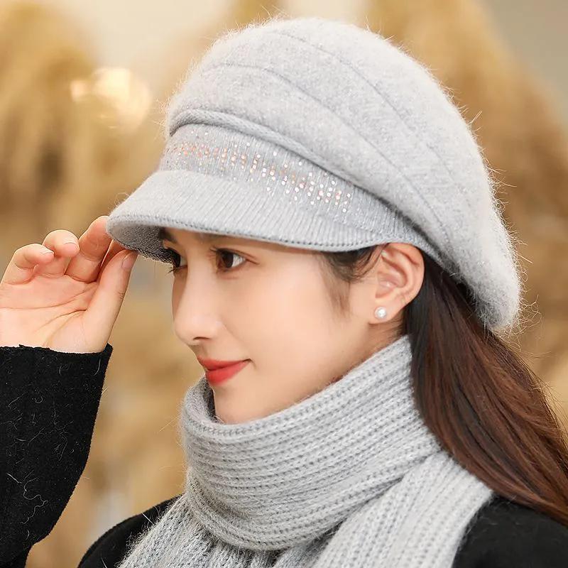 WTEMPO Cold-proof Windproof Warm Solid Color Ear Protection Elastic Hats Women's Autumn Winter Casual Verstaile Retro Elegant Hat + Scarf Set