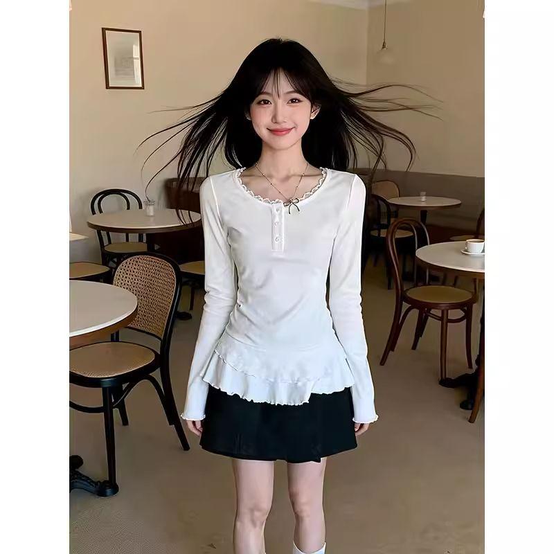 260g Cotton Modal Korean Lace Trim Slim Fit Button Top Small грязно-белый