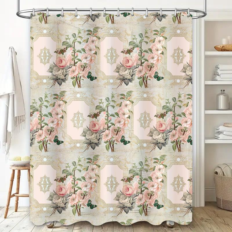 Vintage Floral Print Shower Curtain Pink White Green Decor Bath Rug Cover For Bathroom Size 72 X 84 Inches With Grommets Rustic