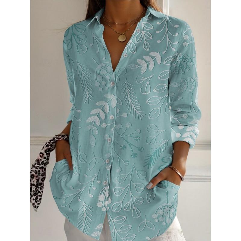 Women's Shirts leaf Graphics Blouse Lapel Neck Blouse Women's Long Sleeve Shirts Womens Clothes Female Clothing