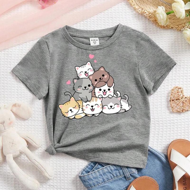 

SHEIN Повседневная футболка с коротким рукавом и принтом мультяшного кота для девочек, подходит для лета XS серый