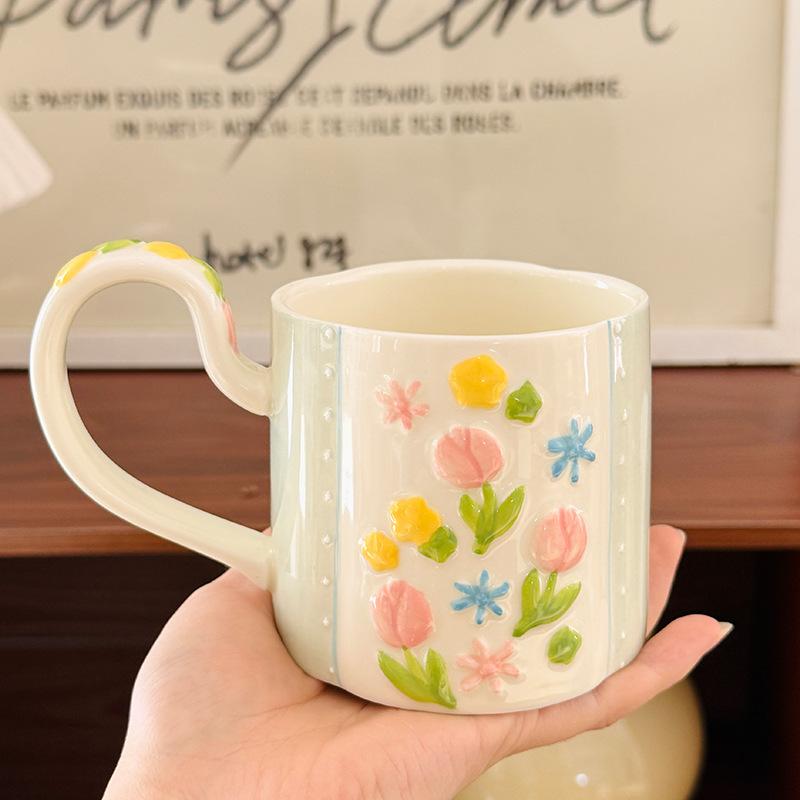

Embossed Tulip Mug High Handled Flower Ceramic Mug High Value Coffee Mug Household Milk Mug Souvenir 380ml