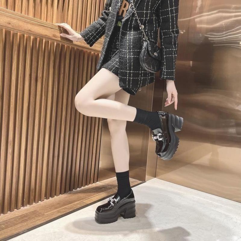 Women's Loafer Shoes  Spring Autumn New  British Style Chunky Heel Thick High Heel Versatile Small Leather Shoes