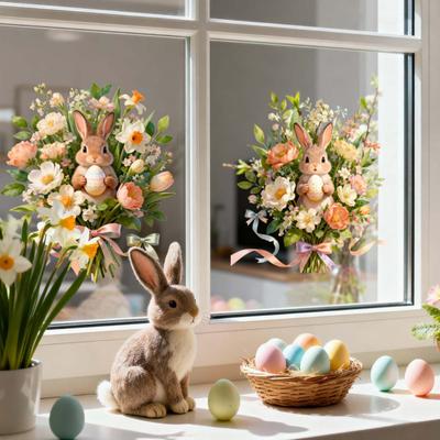 Veľkonočné okenné nálepky s roztomilými zajačími vajíčkami na sklenené okná, obojstranné opakovane použiteľné PVC nálepky na jarné párty, dekorácie do domácej triedy