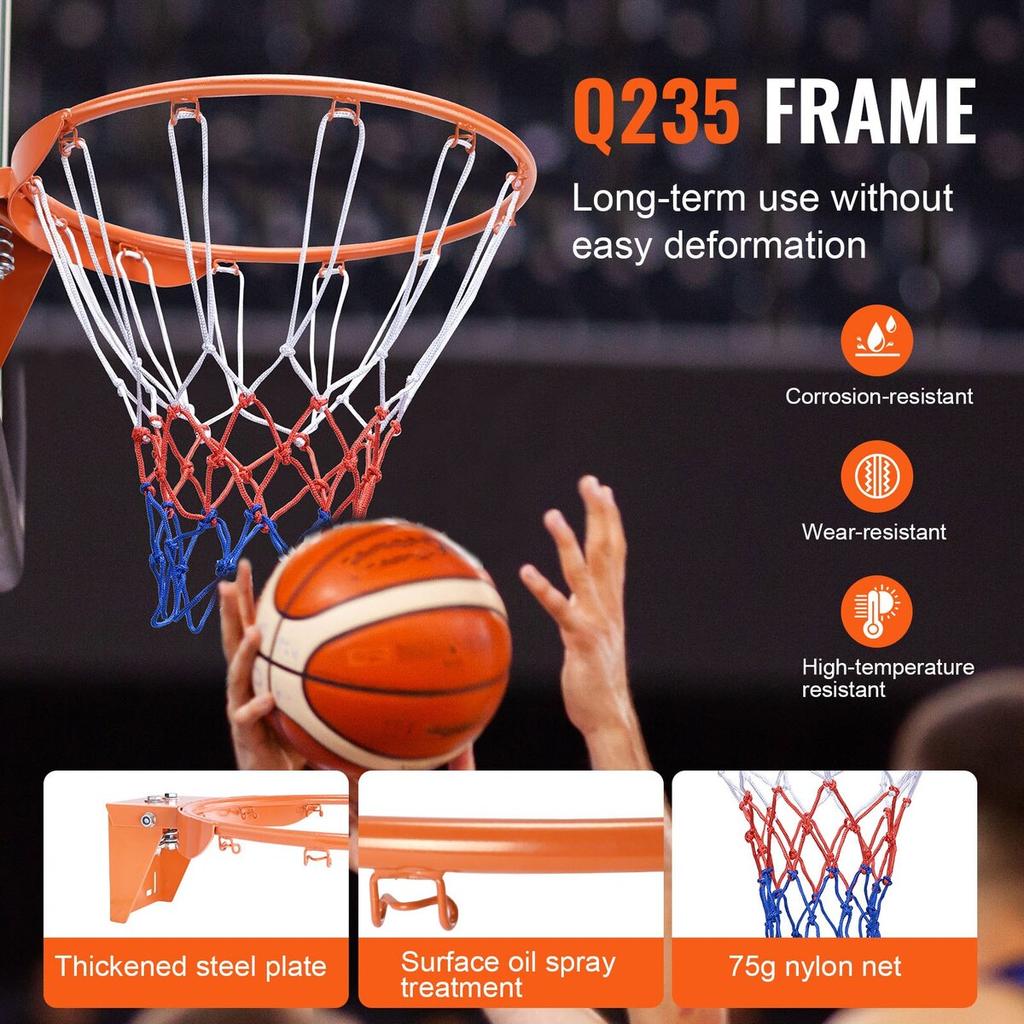 Basketball Rim, Wall Door Mounted Basketball Hoop, Heavy Duty Q235 Basketball Flex Rim Goal Replacement with Net, Standard 18" Indoor and Outdoor