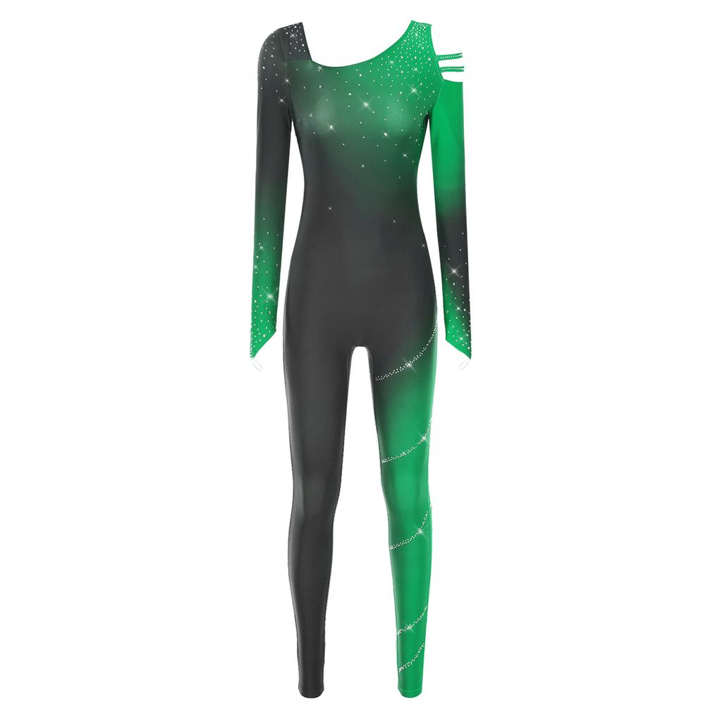 Womens Sparkling Gradient Jumpsuit Color Block Rhinestone Decorated Bodysuit Leotard Dance Gymnastics Costume