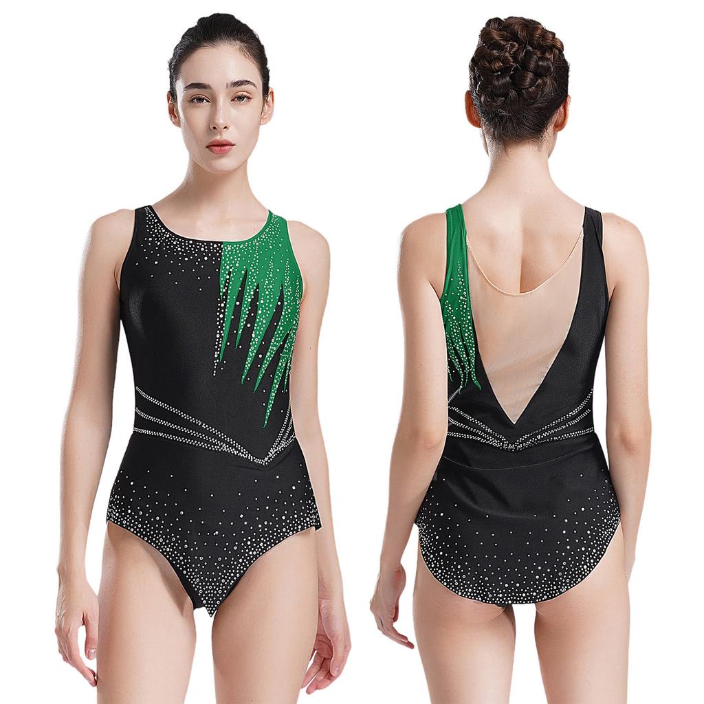 Women Shiny Rhinestone Ballet Dance Leotard Rhythmic Gymnastics Athletic Activewear Competition Costume Sheer Mesh Bodysuit
