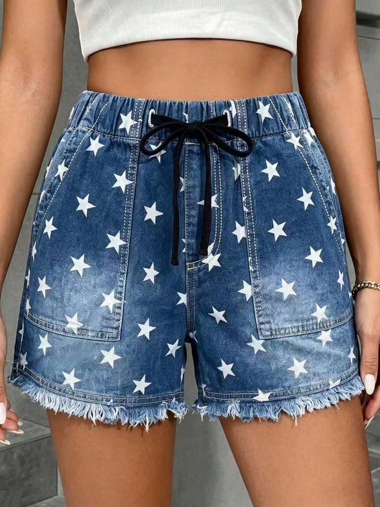 Women's Elastic Drawstring Mid Rise Straight Denim Shorts Non Stretch Frayed Hem Washed Casual Bermuda Shorts