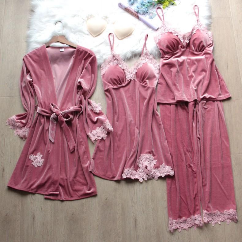 Autumn Winter Velvet Pajamas Four Piece Set Women Sleepwear Sexy Lace Trim Bathrobe Nightgown Loose Velour Homewear Pijamas Suit