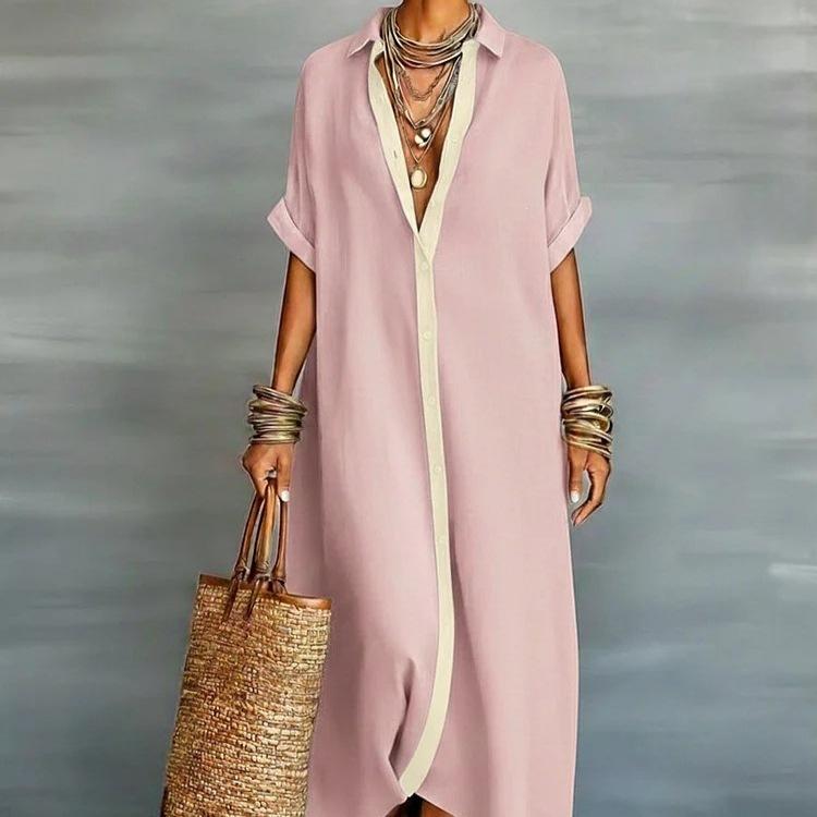 Spring Turn-down Collar Button Shirt Dress Woman Casual Patchwork Loose Long Dress Summer Short Sleeve Beach Vacation Dress