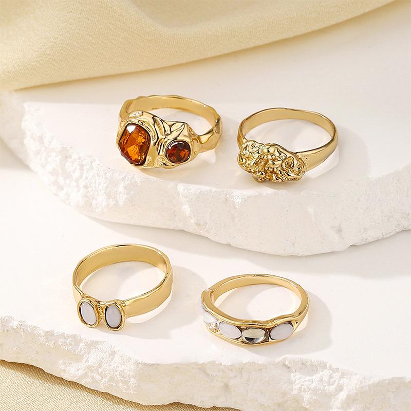 

Geometric niche design fashionable retro alloy ring, irregular diamond-set ring set for women