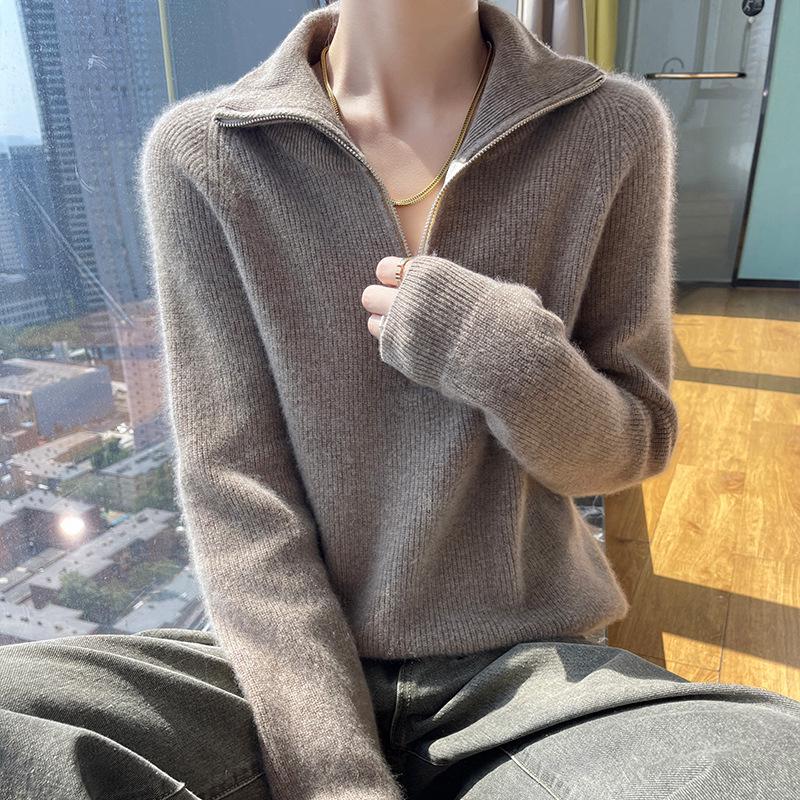 Women's 100% Pure Wool Lapel Pullover - Autumn/Winter 2024 Collection, Loose Fit, Half-High Neck, Versatile, Slimming Knit Sweater.