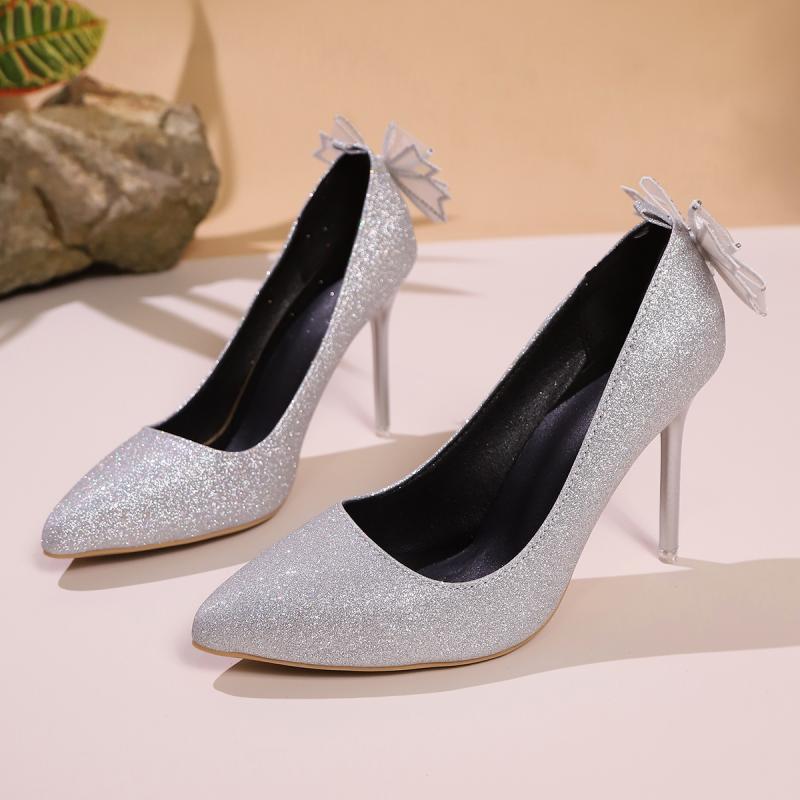 Fashion Silver Shine Super High Heels Wedding Shoes Women Pointed Toe Mesh Bowknot Decoration Nightclub Pumps Sexy Dress Party Sandals